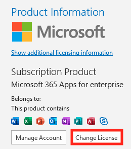 Select Change License under Product Information