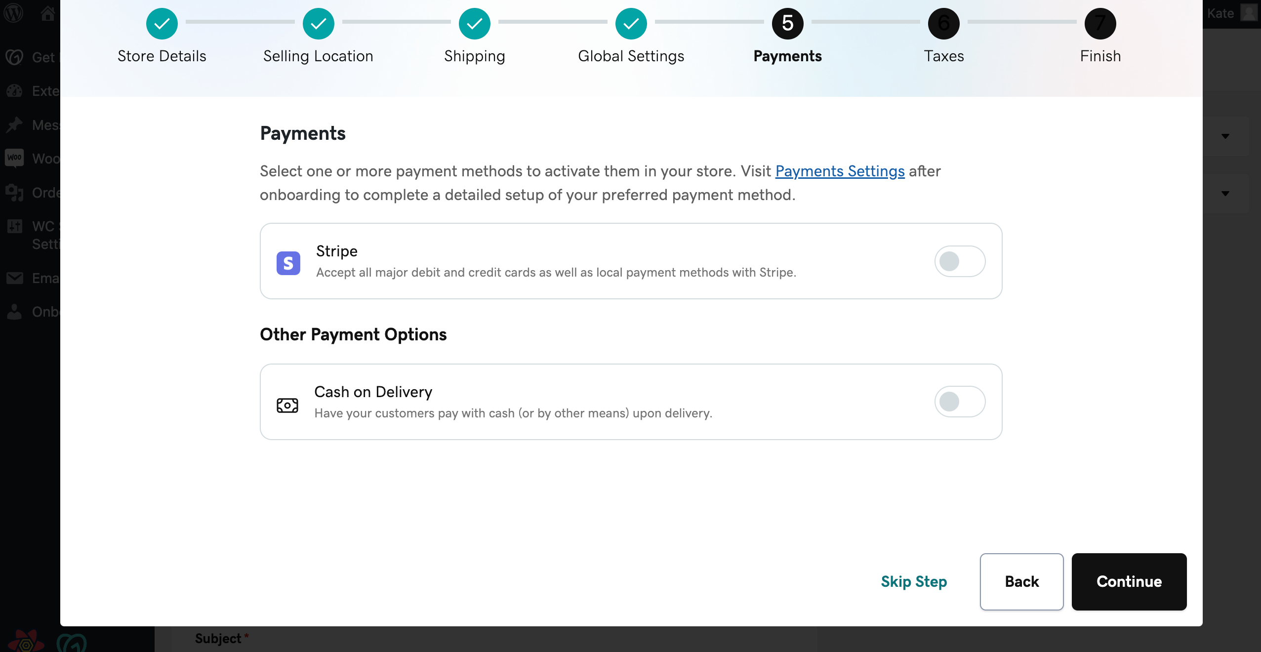 Two fields that allow merchants activate the Stripe plugin or the Cash on Delivery payment method during the onboarding wizard