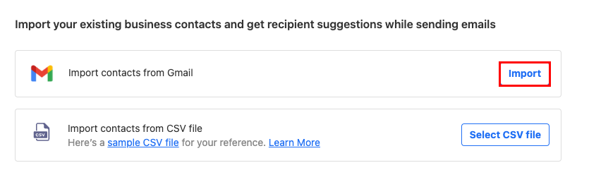 The options for importing contacts with the Import button highlighted.
