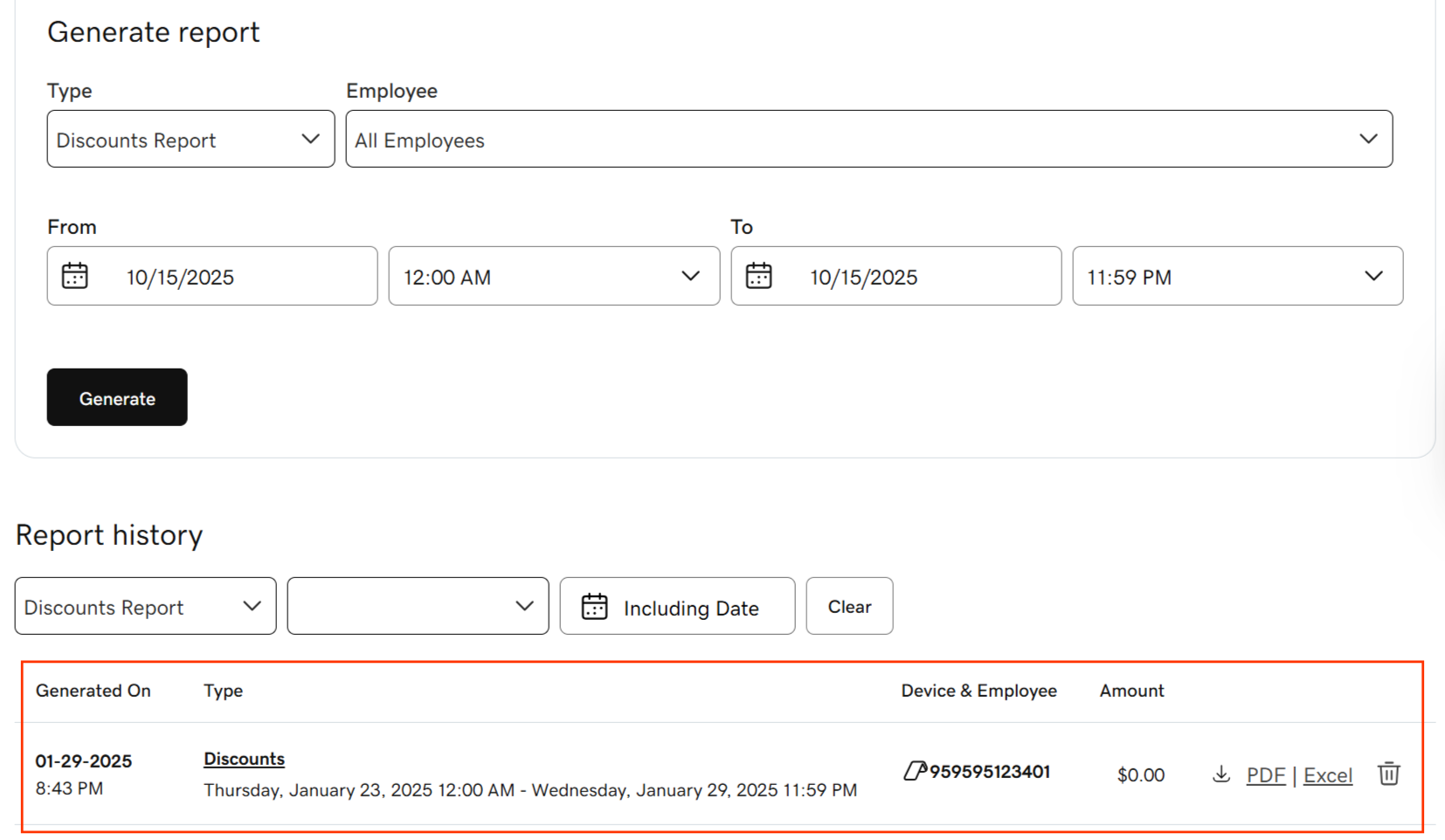 Example list of generated reports