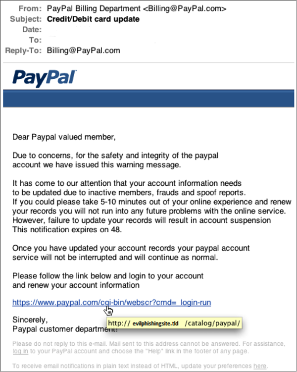 Correo electrónico de phishing de PayPal