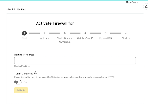 El primer paso en el asistente de configuración del firewall con un lugar para agregar la dirección IP del host.