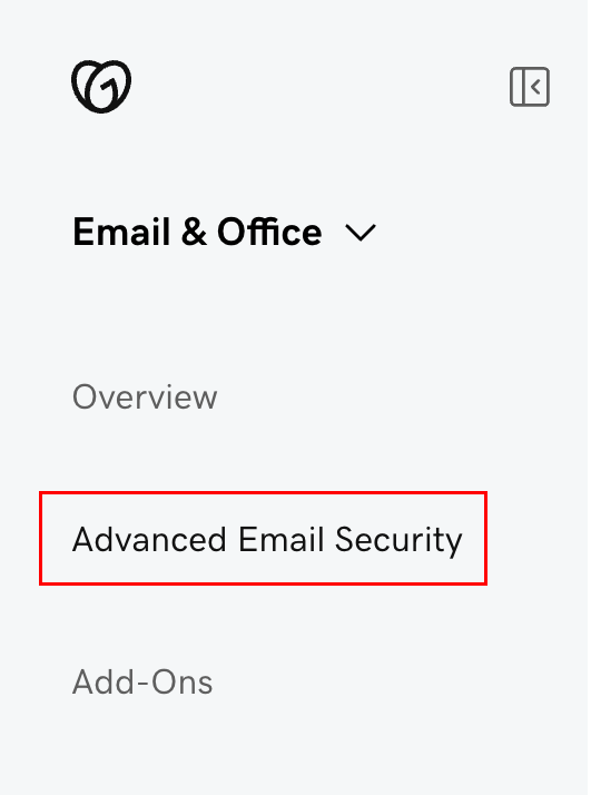 The Email and Office Dashboard menu with Advanced Email Security highlighted.