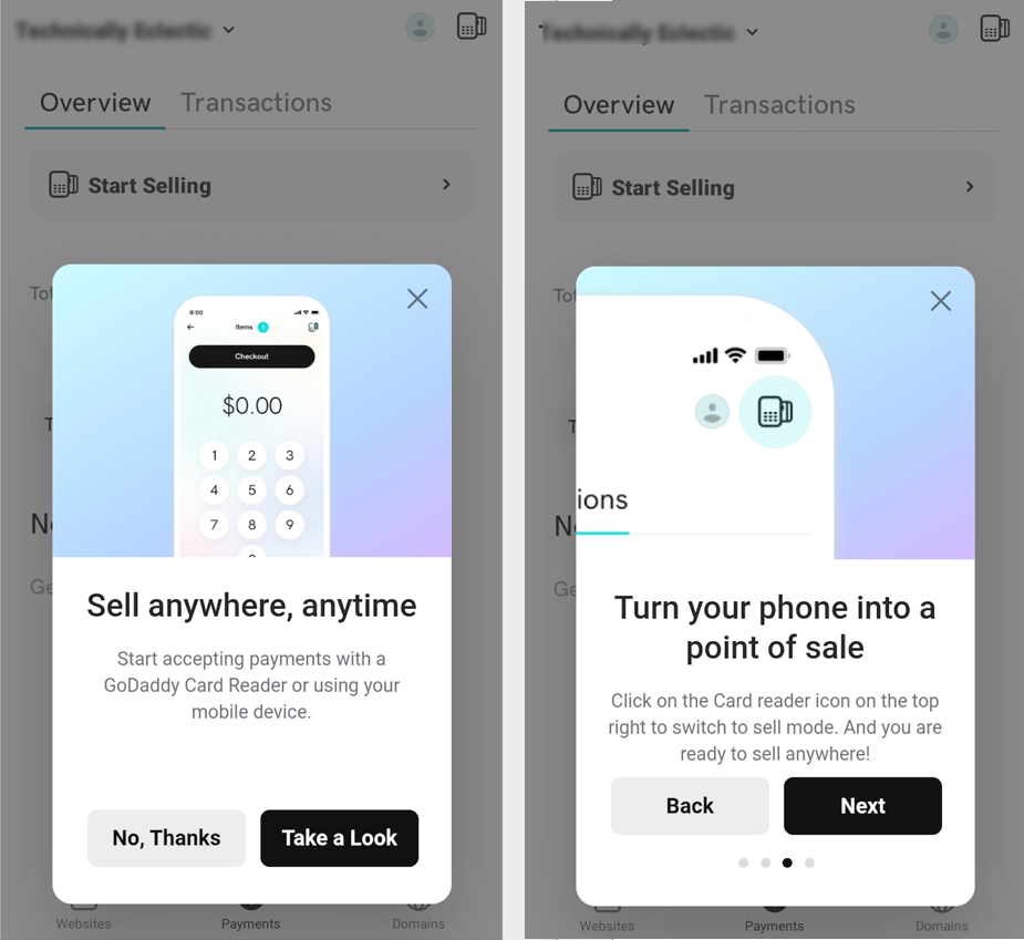 Screenshot of the welcome screens on the mobile app telling people they can sell anywhere, anytime, and turn their phone into a point of sale device.