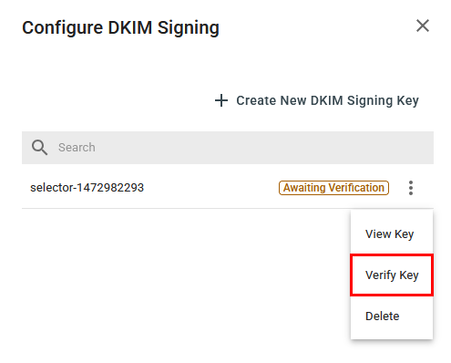 The Configure DKIM Signing menu open with the Verify Key button highlighted.