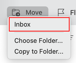 The Move button selected with the Inbox option highlighted.