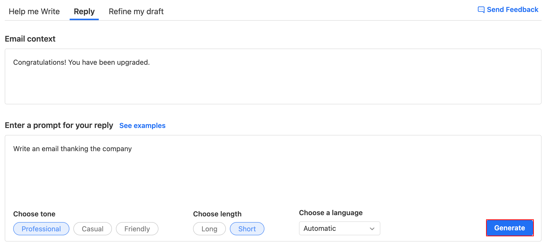 An example of a prompt for an email reply with the Generate button highlighted.