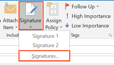 Przycisk Podpis otwiera menu poniżej z opcją Podpisy ...