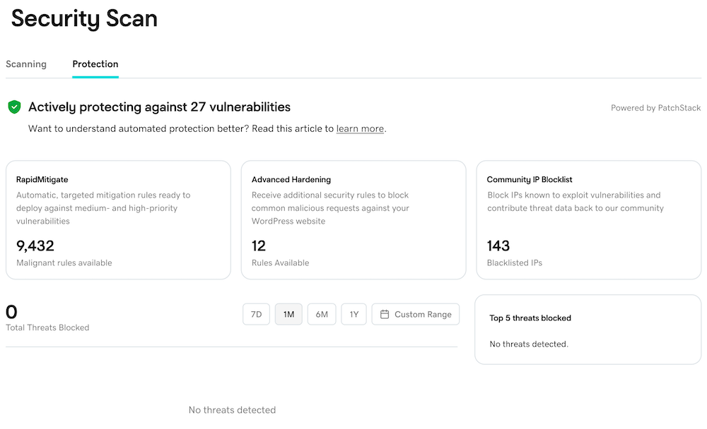 The Security Scan protection dashboard