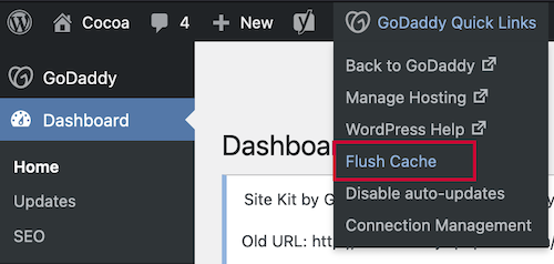 select GoDaddy Quick Links and then Flush Cache