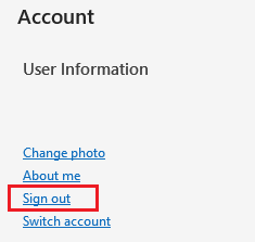 Select Sign out under User Information