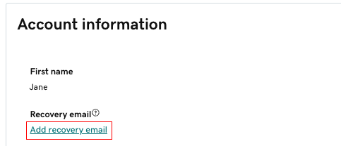 A seção Informações da conta com o link Adicionar email de recuperação destacado.