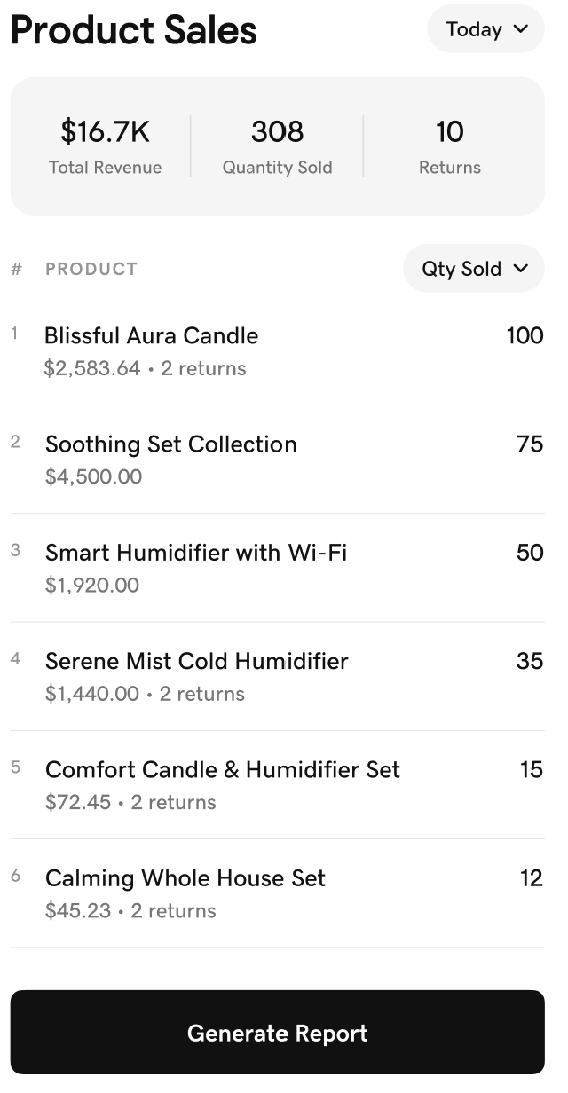Screenshot of the Top Seller report section of the Commerce app