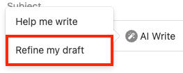The Smart Write AI menu open with the Refine my draft button highlighted.