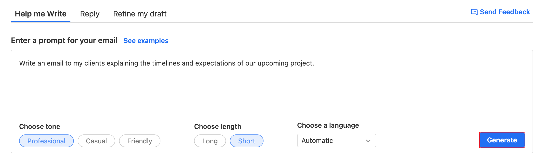 An example of a prompt for an email with the Generate button highlighted.