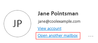 The name menu open with the Open another mailbox button highlighted.