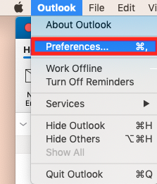 Selecione Outlook e, em seguida, selecione Preferências