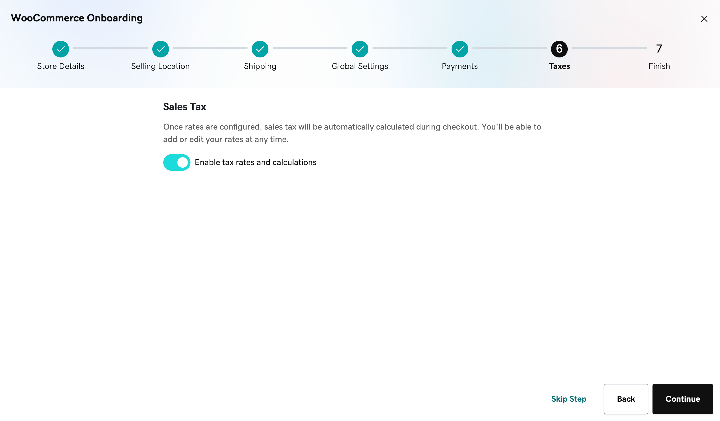 Option for merchants to enable taxes during the onboarding wizard