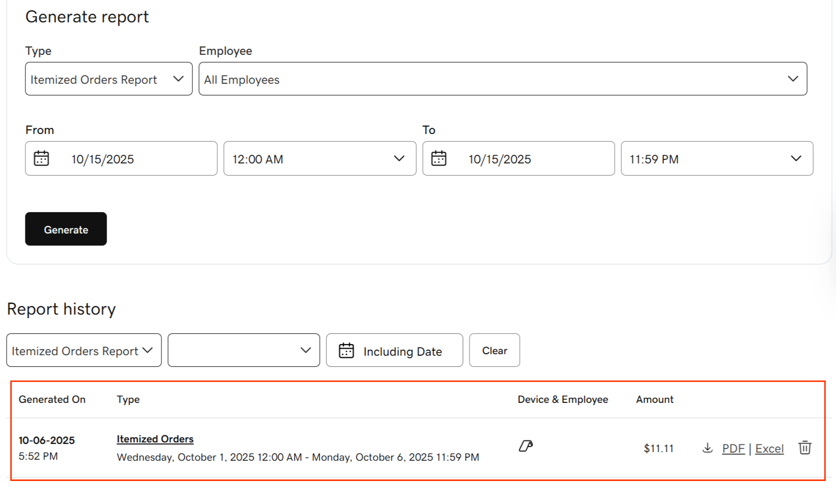 Example list of generated reports