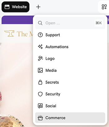 The + New menu open with Commerce highlighted