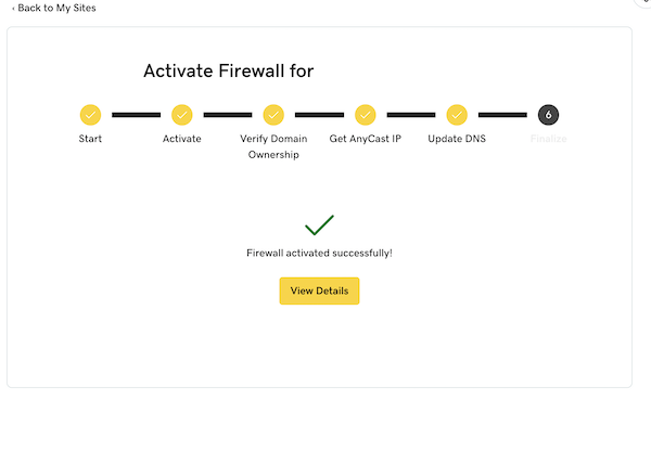 El último paso en el asistente de configuración del firewall que muestra que la configuración fue un éxito.