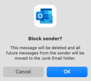 Select OK to confirm the blocked sender