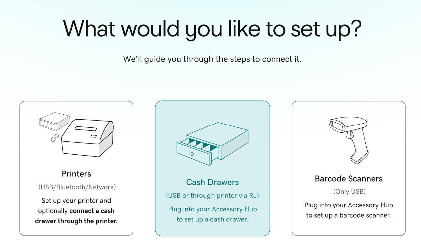 Smart Terminal onboarding screen with cash drawer highlighted