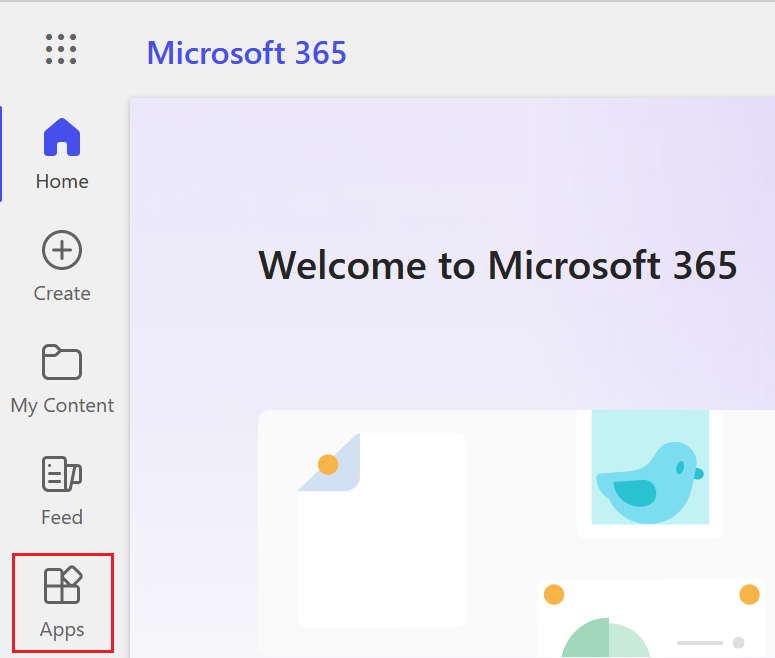 Botão de aplicações do guia de boas-vindas do Microsoft 365 destacado.