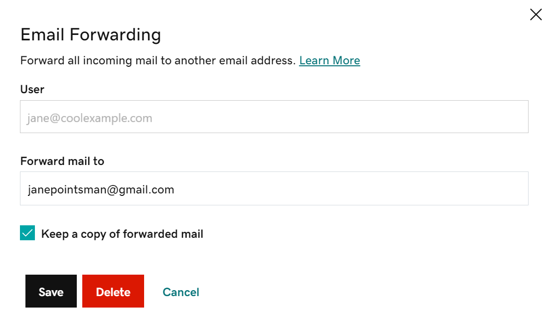 Edit Email Forwarding details and select save