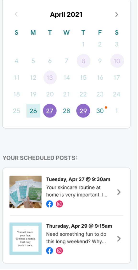 Marketing Planner's calendar view and upcoming scheduled posts.