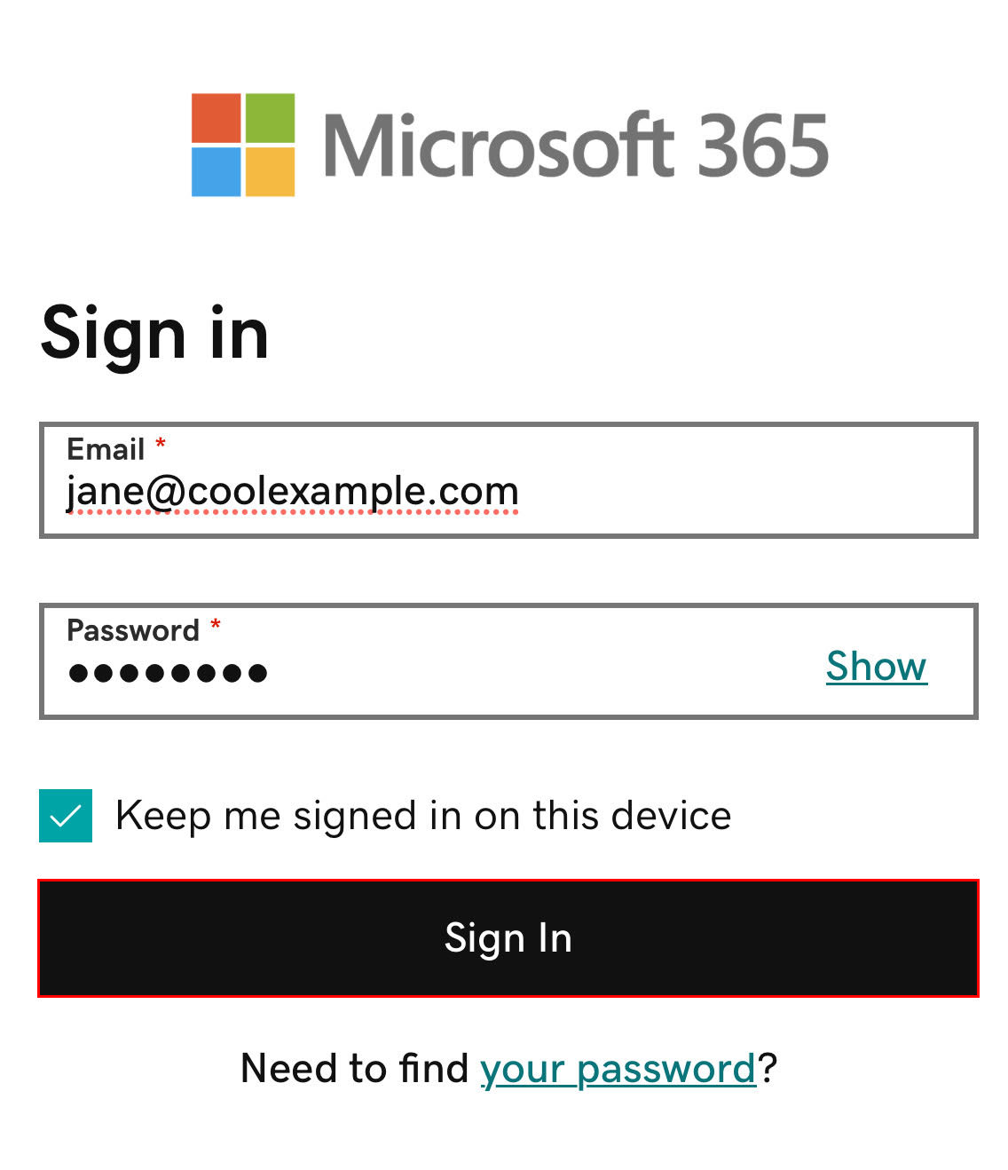 An example email address entered in the sign-in page.