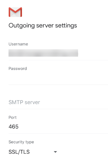 As definições do servidor de saída mostram 465 como a porta e SSL/TLS como o tipo de segurança