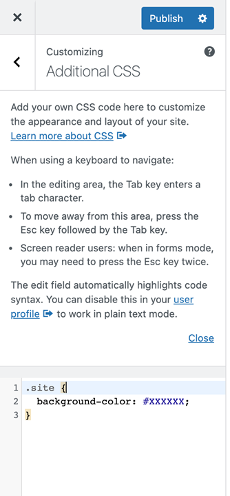 Additional CSS in WordPress Customizer