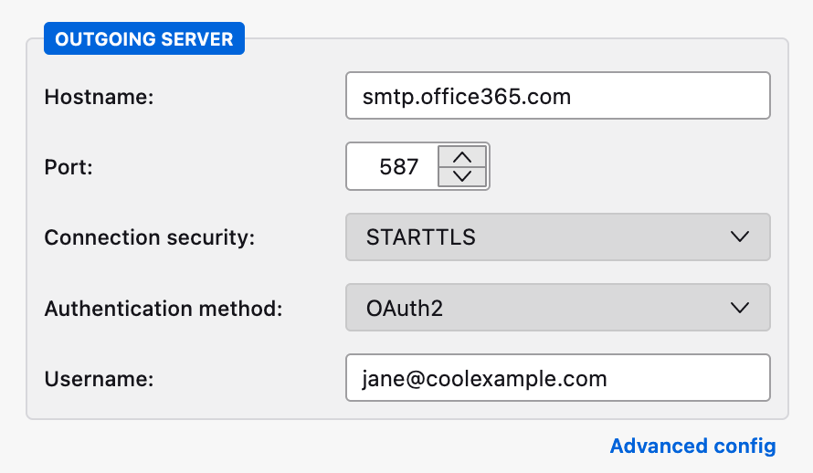 paramètres du serveur sortant saisis dans thunderbird