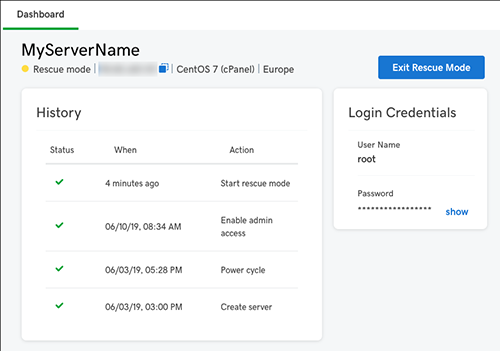 Rettungsmodus-Server-Dashboard