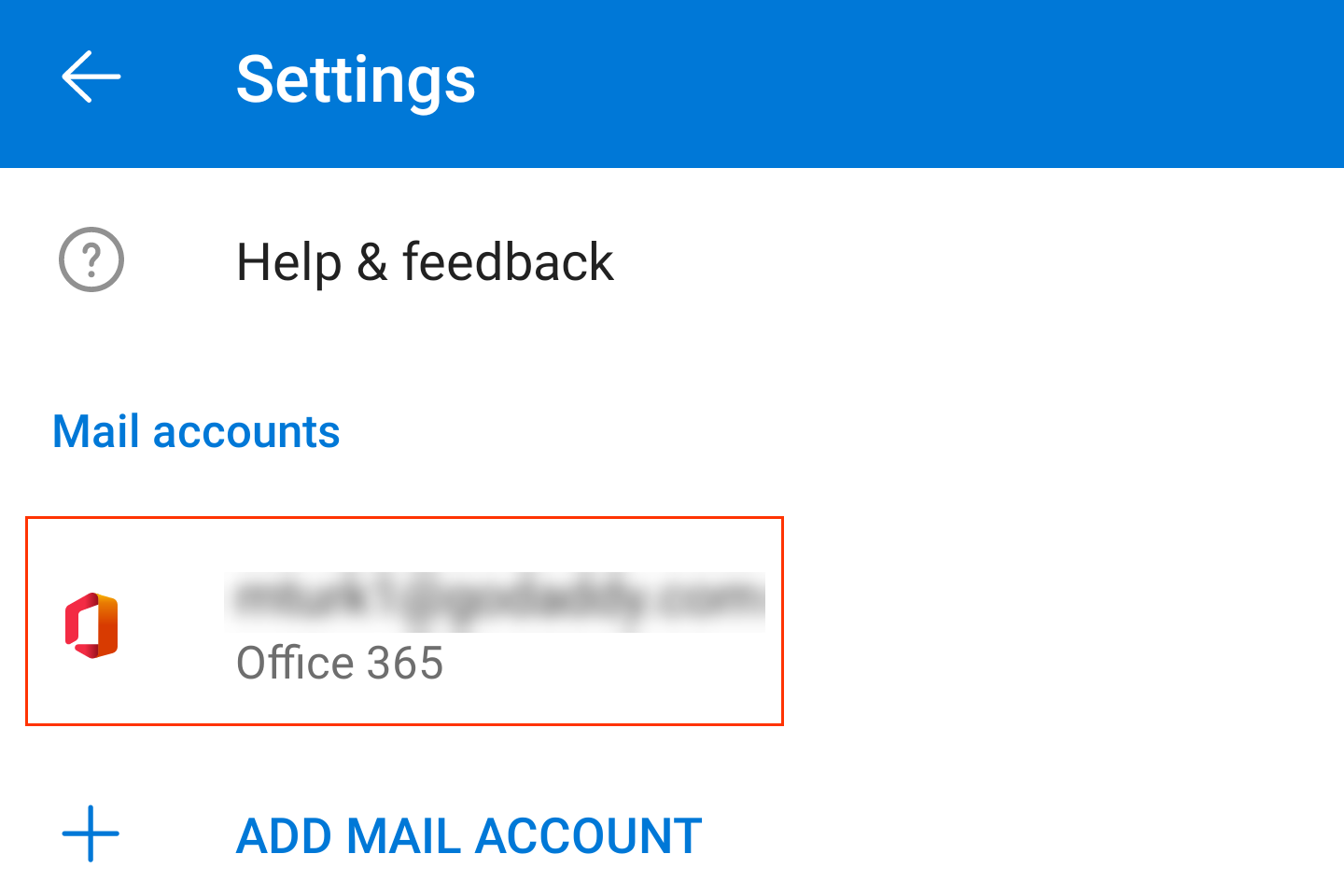 New Microsoft 365 email account displays in Settings