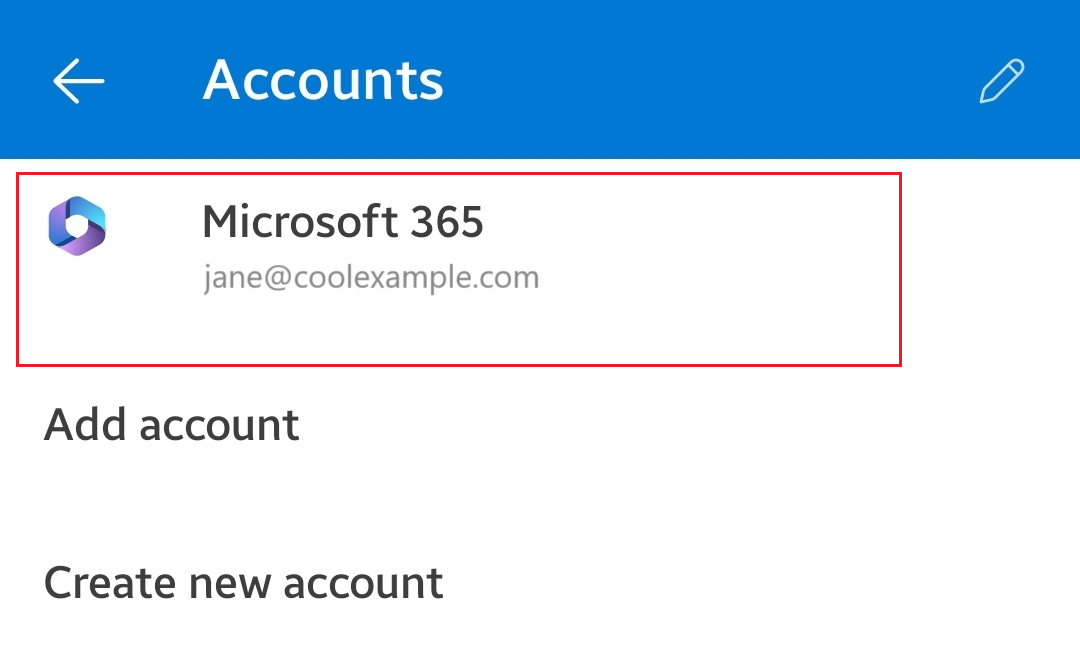 Se muestra una nueva cuenta de correo electrónico Microsoft 365 en Cuentas