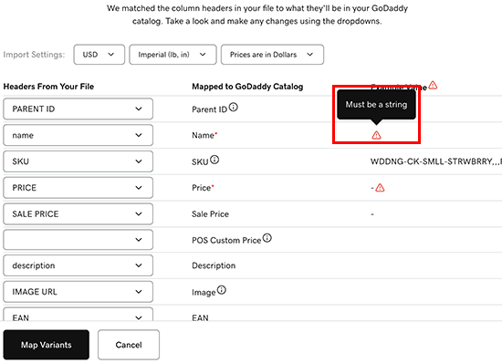Errors in csv import headers