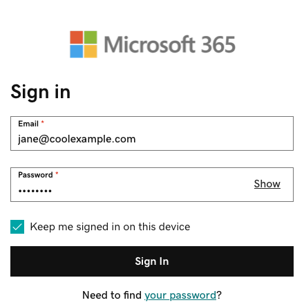 The Microsoft 365 sign-in page with an example email address.