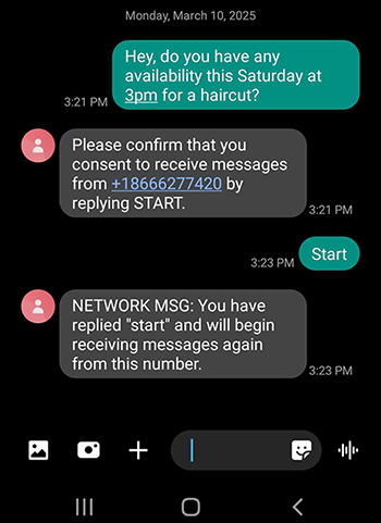Customer replies with Start