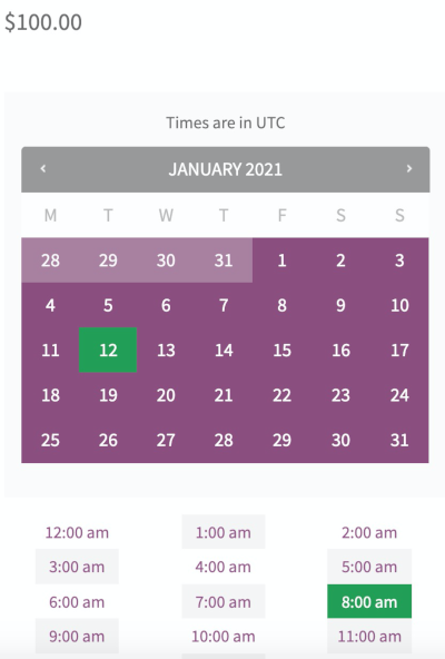 Foto del calendario de reservas en la página del producto