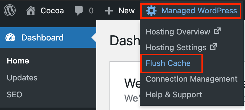 clicar em Managed WordPress (WordPress Gerido) e, em seguida, em Flush Cache (Esvaziar cache)