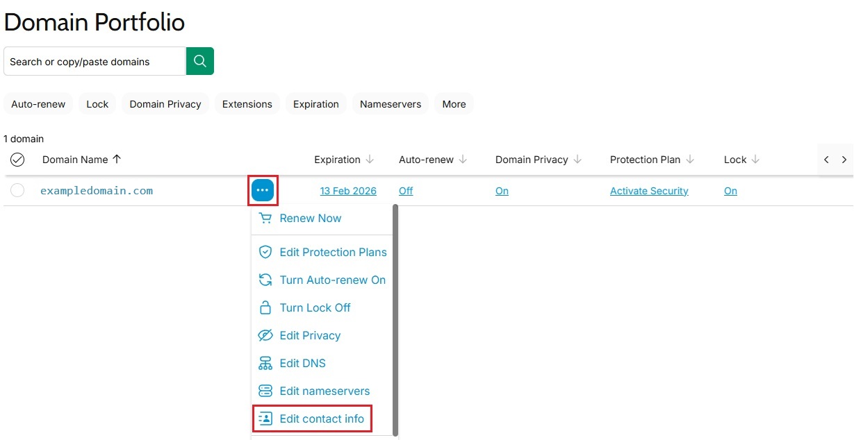 Edit contact info in Domain Portfolio