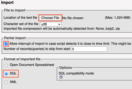 Select import options