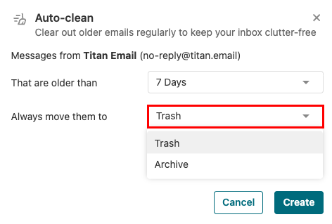 The Auto-clean modal with the 'Always move them to' field highlighted.