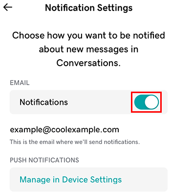 Toggle to receive notifications via email