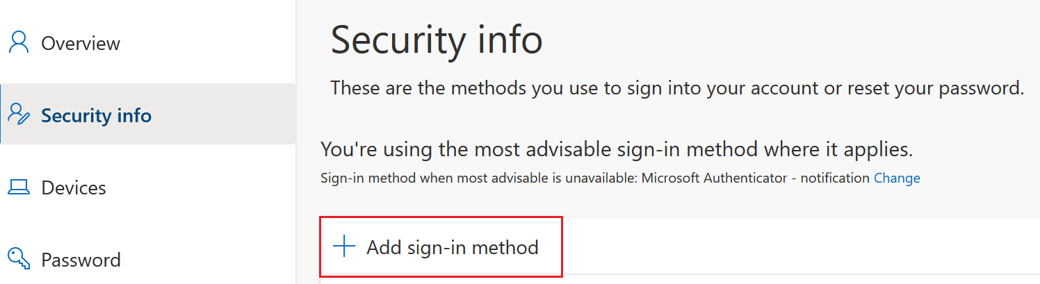 Select Add sign-in method to add an app password