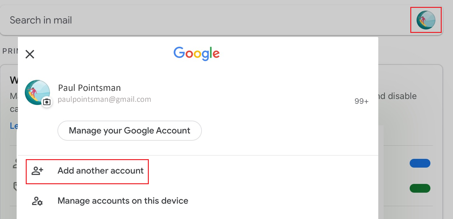 Adicionar outra conta a partir do menu “Perfil” no Gmail