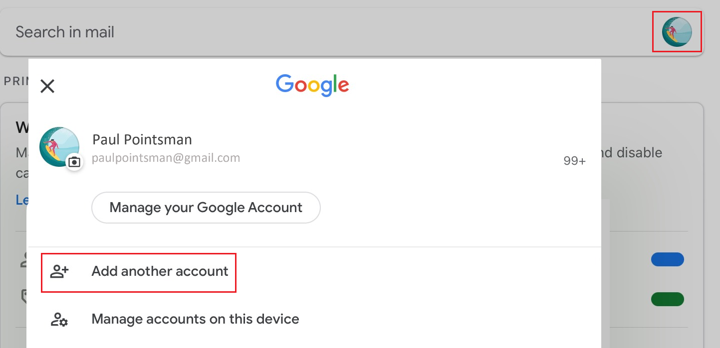 เพิ่มบัญชีอื่นจากเมนูโปรไฟล์ Gmail