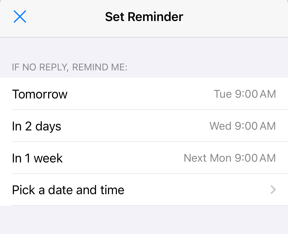 The options for picking a date and time for the reminder.